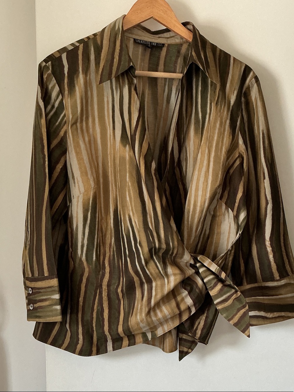Lafayette 148 New York Olive & Brown Striped Wrap Shirt